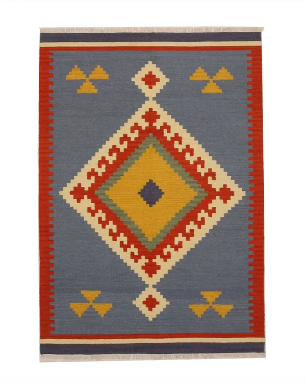 EORC Dn6mu 5 x 8 ft Blue Handmade Wool Keysari Kilim Rug