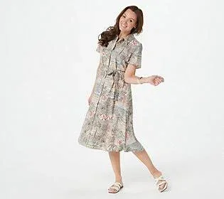 Denim & Co. Printed Midi Shirt Dress, Size Medium, Warm Grey