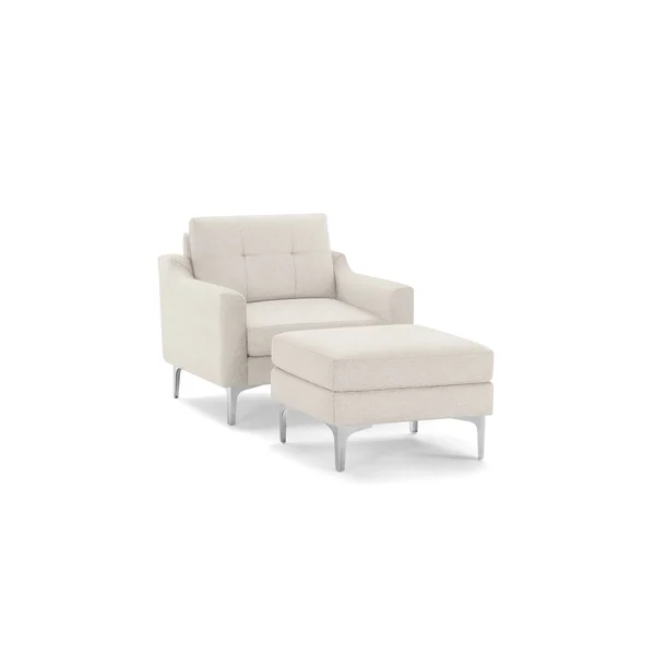 Burrow Modular Armchair with Ottoman, Ivory White, Slope Arms, 1 Seater, Chrome Metal Legs, Nomad Fabric Collection