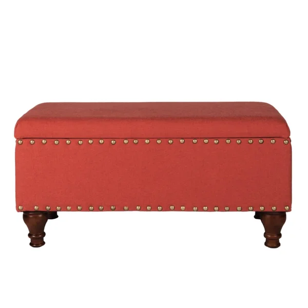 Fabric Upholstered Wooden Storage Bench with Nail Head TRIM, Large, Orange and Brown