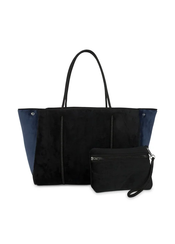 Haute Shore Greyson Plush Tote Purse Black Velvet, Navy Sides Bag