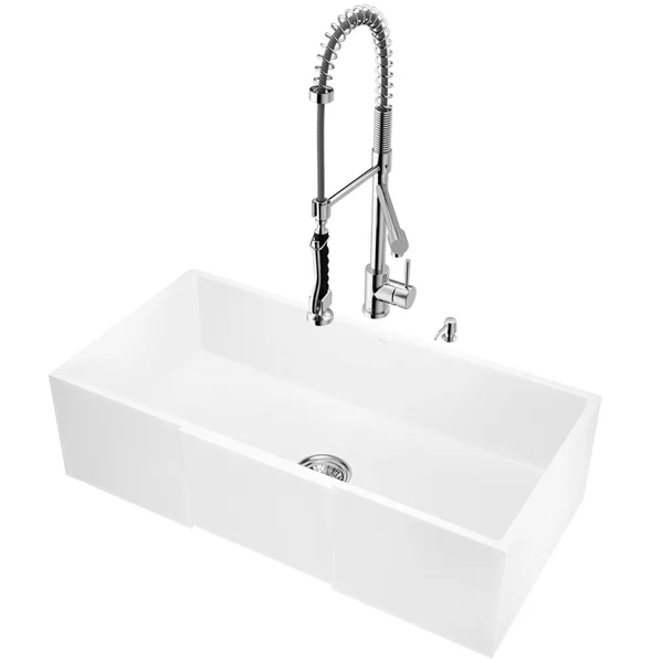 Vigo VG15798 All-in-One 36x22 Square Front Matte Stone Farmhouse Apron Kitchen Sink Set with Zurich Faucet in Chrome STRAINER an