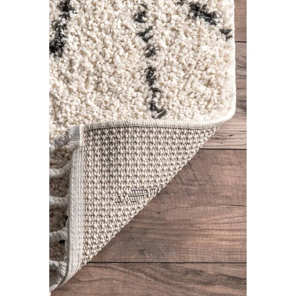 The Curated Nomad Philo Off-White Moroccan Tribal Geometric Shag Tassel Area Rug - 10& 2x22 x 14&
