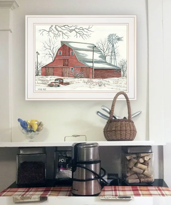 TrendyDecor4U Winter Barn with Pickup Truck by Cindy Jacobs, Ready to Hang Framed Print, White Frame