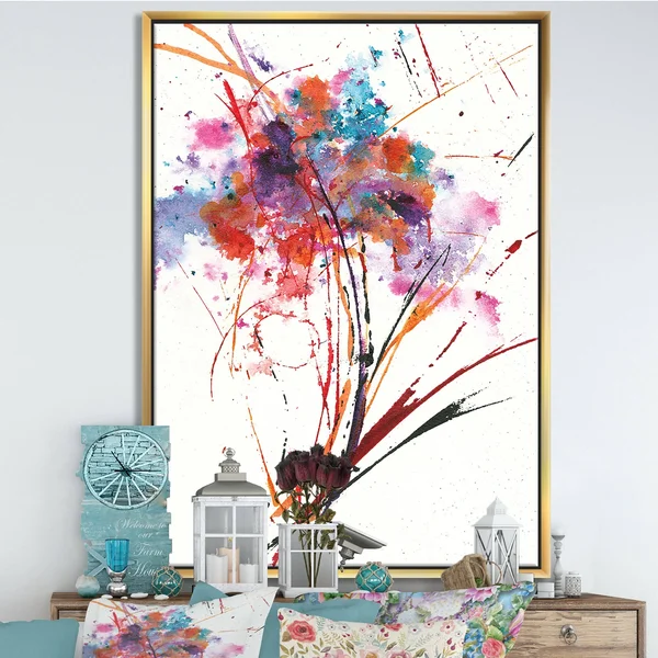 Designart 'Abstract Red Flowers' Traditional Framed Canvas - Multi-Color - 16 in. Wide x 32 in. High - Gold