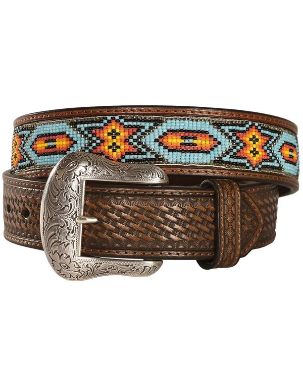 Nocona Western Belt Mens Beaded Inlay Tooled Basket Brown N2412808