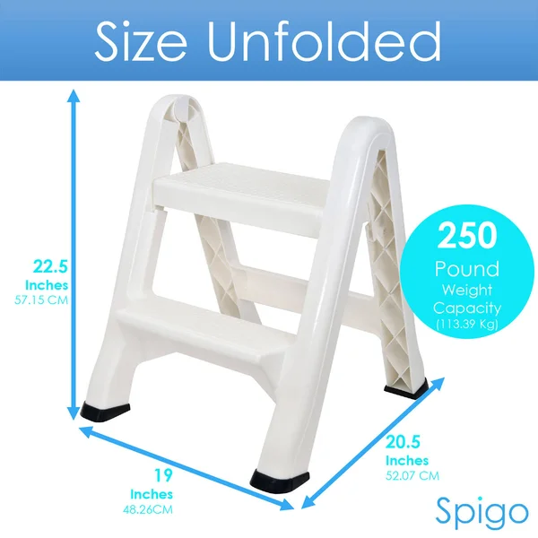 Spigo Heavy Duty 2-Tier Folding Step Stool Ladder - White, 22.5x20.5x19 Inches