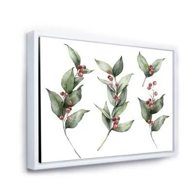 Christmas Set with Branches and Red Berrie - Painting on Canvas East Urban Home Format: White Floater Frame, Size: 30x22 H x 40x