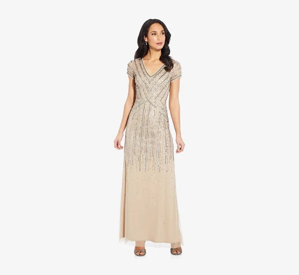 Adrianna Papell Long Beaded Dress, Beige, Size: 20