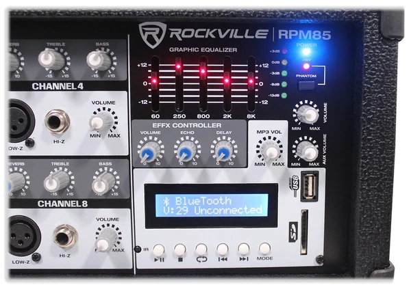 Rockville RPM85 2400W Powered 8 Channel Mixer USB 5 Band EQ Effects