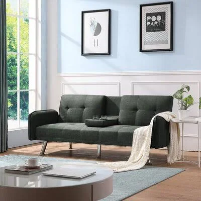 Futon Sofa Bed Latitude Run Fabric: Light Gray Linen Blend