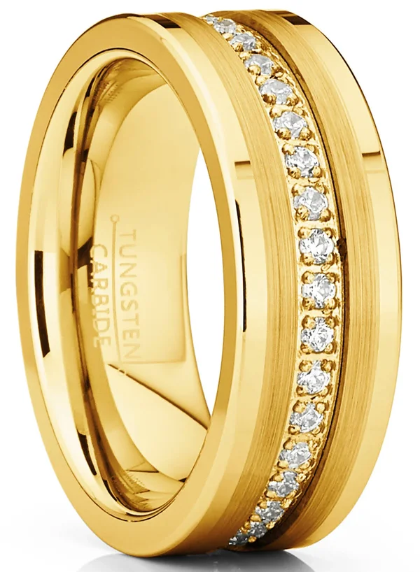 Men's Tungsten Wedding Band Ring Cubic Zirconia Inlay 8mm Goldtone 10