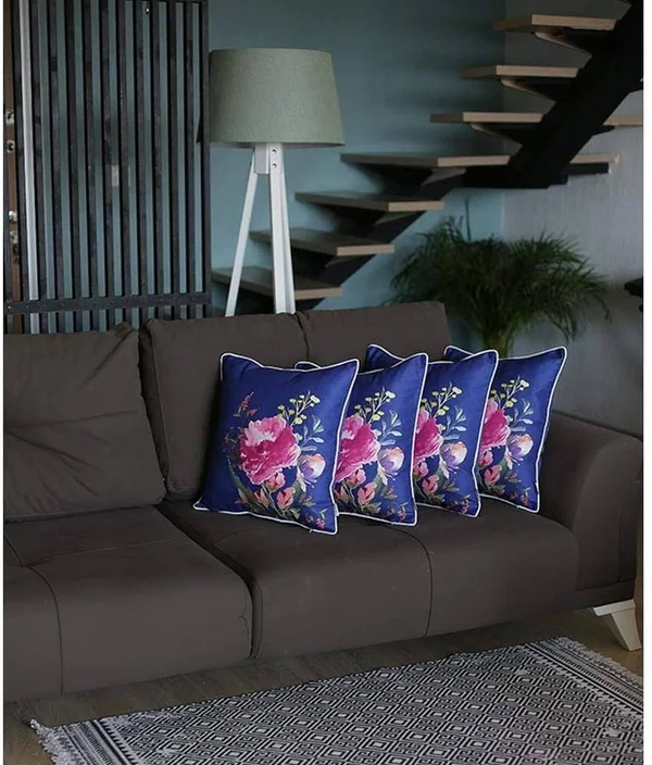 Unknown1 Blue Watercolor Flowers Throw Pillow Cover 18''x18 (4 Pcs Set) Cream Animal Nautical Coastal Polyester Set 3 More Remov