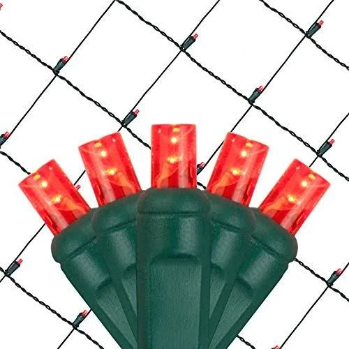 Set of 100 LED Red Net Lights - Christmas Net Lights - Outdoor Christmas Decorations, Green Wire (4 x 6 ft, 5mm Lights, Red)