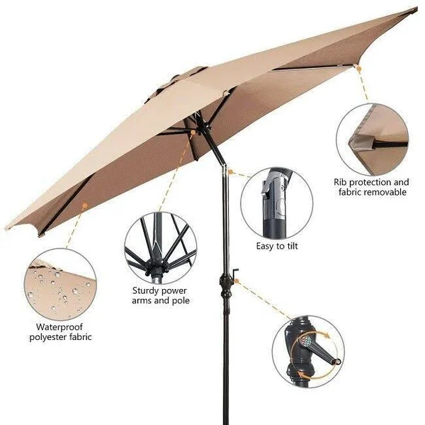 Outdoor Patio Umbrella Beige Sun Shade Crank Poolside Deck Adjustable Angle Tilt