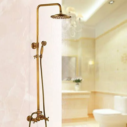 Antique Brass Bathroom Shower Faucet Set Brushed Gold Shower Fixture 8 inch Rain