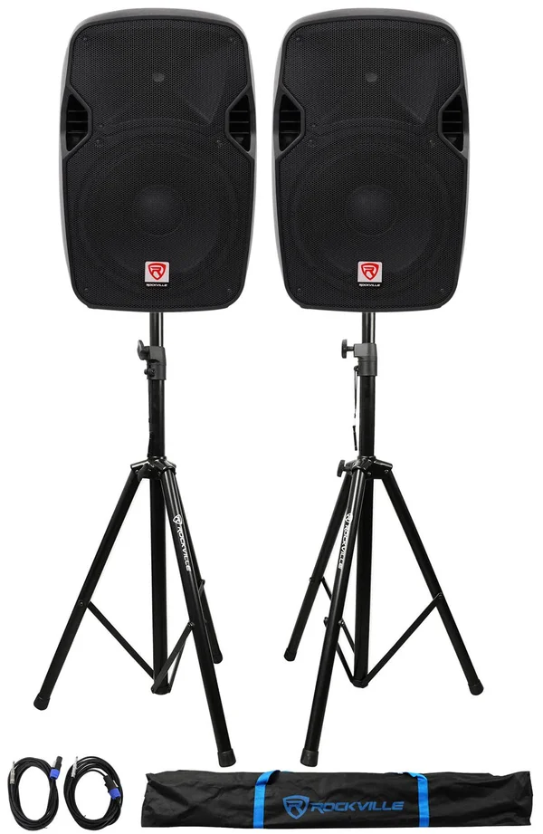 (2) Rockville SPGN124 12x22 Passive 2400W DJ PA Speakers+Stands+Cables+Carry Bag