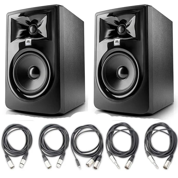 JBL 305P MKII 5x22 Studio Monitoring Speakers (Pair) w/5 Essential AxcessAbles Studio Cables for Recording Studio