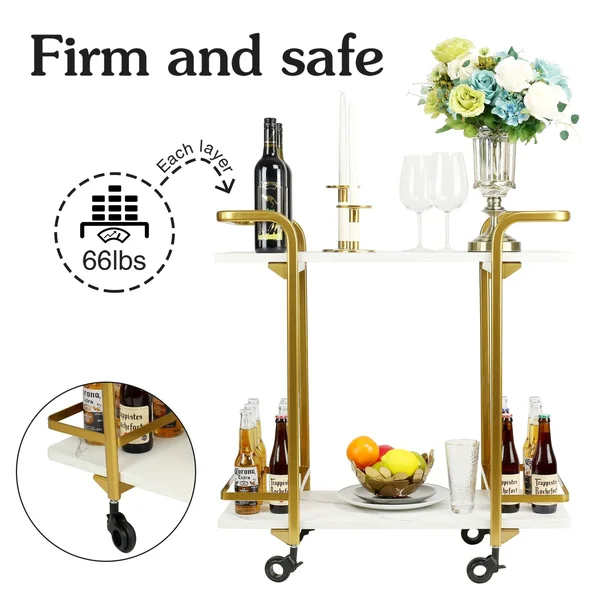 2 Tier Bar Cart with Black Wheels - Golden
