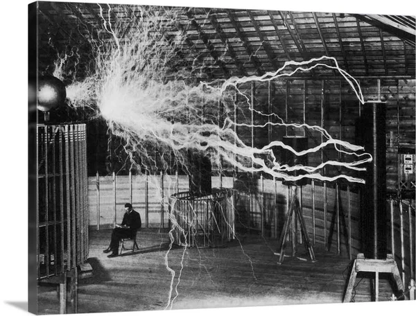Bolts of Electricity Discharging in The Lab of Nikola Tesla - Canvas Wall Art, 40x30, Great Big Canvas