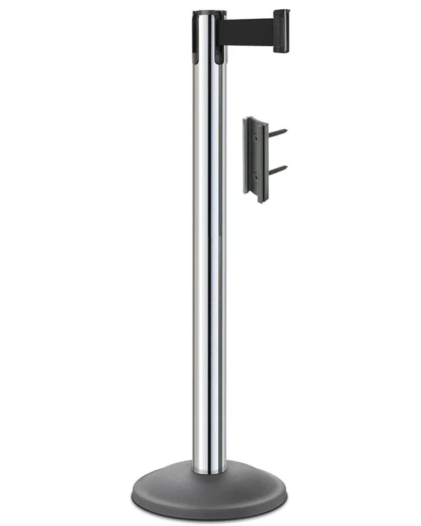 Chrome Basic Post, 12.5x22 Round Shaped Base with 7& Black Belt & Receptacle by Lavi Industries