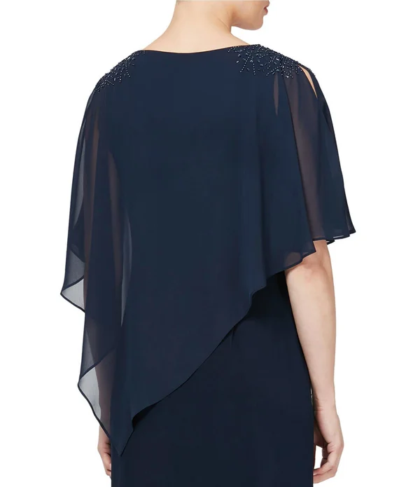 Slny Aubergine Women's Asymmetrical Cape with Beaded Shoulder Dress