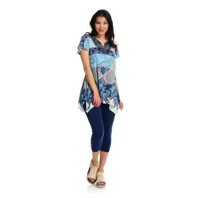 One World Printed Micro Jersey Sharkbite Hem Lace Applique Top w/ Capri Leggings
