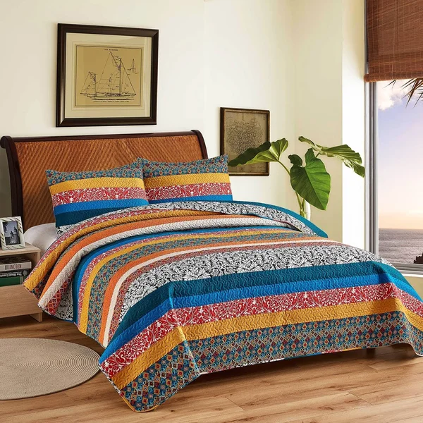 Boho Stripe Quilt Reversible 3 Piece Bohemian Design Bedding Set - Turquoise - King