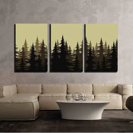 Wall26 - 3 Piece Canvas Wall Art - Seamless Background - Landscape, Night Forest with Fir Trees Silhouettes. Vector - Modern Home