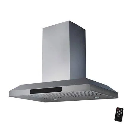 Awoco 36” Island Mount 43”h Stainless Steel Range Hood 4 Speeds, 6” Round Top Vent 900CFM 4 LED Lights & Remote Control (RH