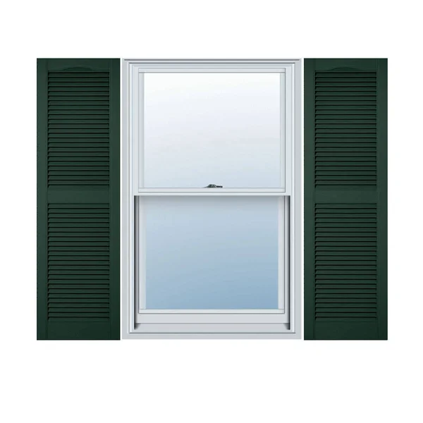 12 inchw x 26 inchh Lifetime Vinyl - Custom Straight Top Center Mullion, Open Louver Shutters, Midnight Green