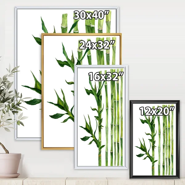Designart 'Bamboo Branches in The Forest III' Tropical Framed Canvas Wall Art Print - 16 in. Wide x 32 in. High - Gold
