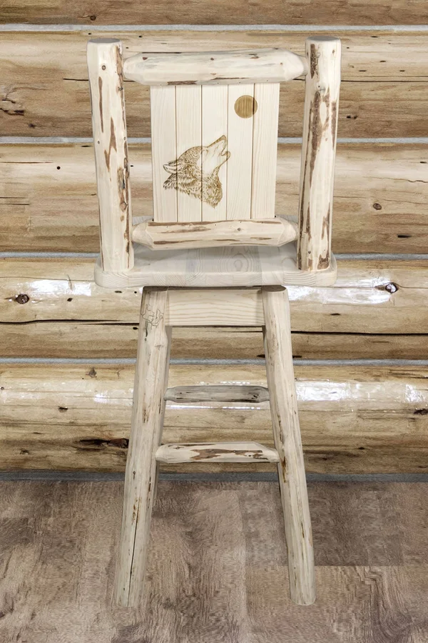 Montana Collection Barstool w/ Back & Swivel w/ Laser Engraved Wolf Design, Clear Lacquer Finish
