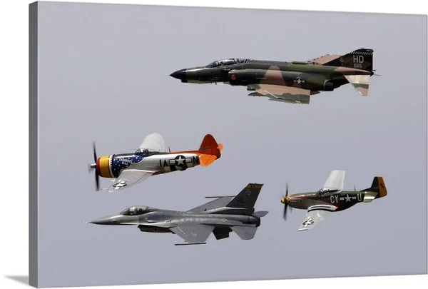 F-4 Phantom, P-47 Thunderbolt, F-16 Fighting Falcon and P-51 Mustang, Large Solid-Faced Canvas Wall Art Print, Great Big Canva