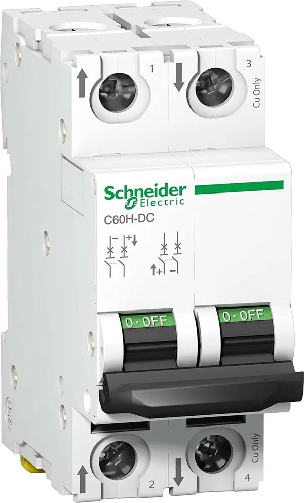 Schneider A9N61520 MCB Miniature Circuit Breaker C60H-DC 2p 0 - 5A, White