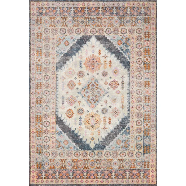 Alexander Home Jennifer Collection Diamond Border Distressed Area Rug - 9&3x22 x 13&0x22 - Pebble/ Fiesta