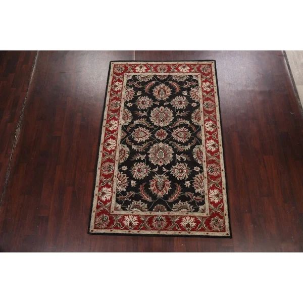 Black Traditional Floral Oriental Area Rug Hand-Tufted Wool Carpet 5x8, Size: 5' x 8'
