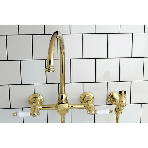 Kingston Brass KS1291PLBS Restoration Wall Mount Bridge Kitchen Faucet with Brass Sprayer - Polished Chrome