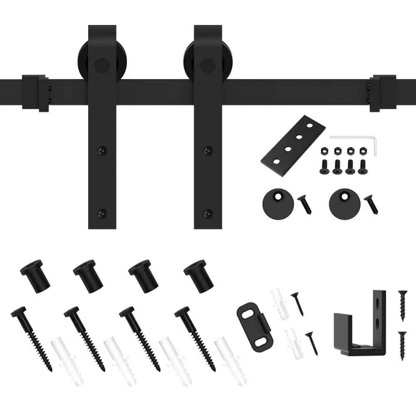 Winsoon 5ft Single Mini Sliding Barn Door Hardware Kit - Black Finish, J Style Hanger, Size: 5&