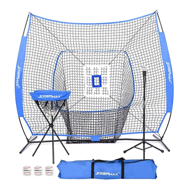 JOGENMAX 7x7 DLX Practice Net + Deluxe Tee + Ball Caddy + 3 Training Ball/Strike Zone Bundle + Carrying Bag - Baseball Softball
