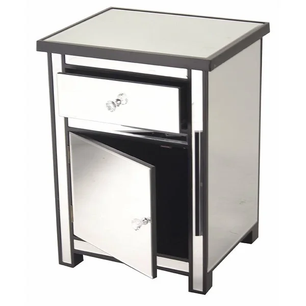 Wood Finish Mirrored Glass Drawer Cabinet - Antique White
