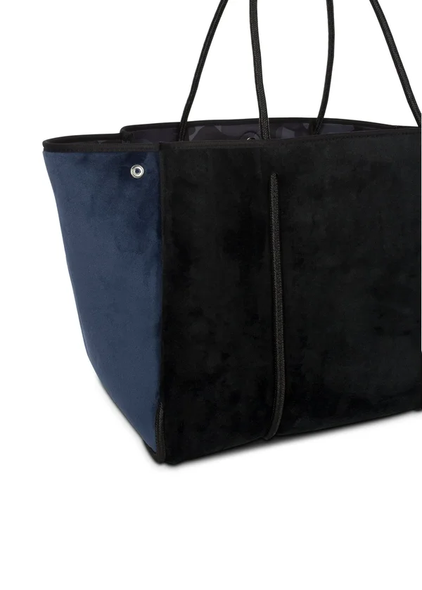 Haute Shore Greyson Plush Tote Purse Black Velvet, Navy Sides Bag
