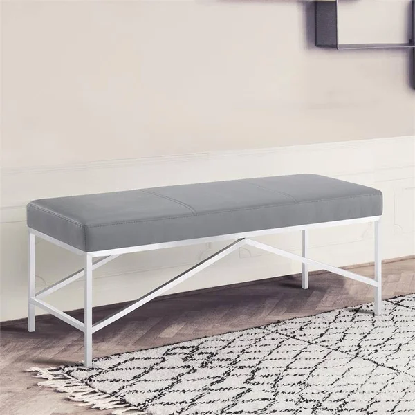 Armen Living Delany Contemporary Faux Leather Living Room Bench in Gray