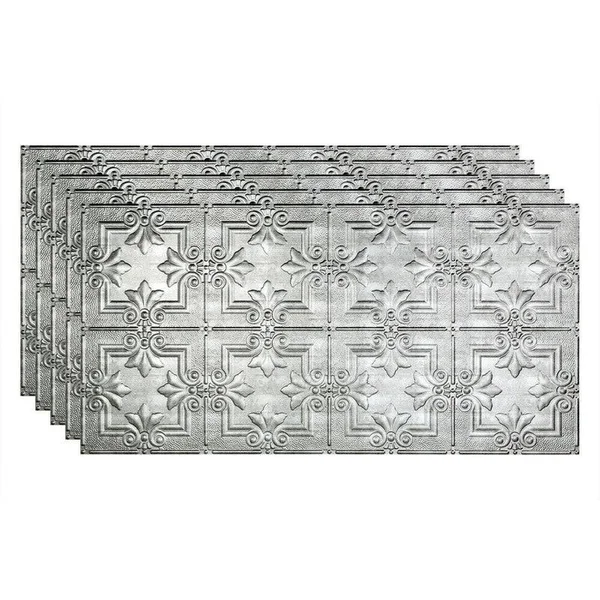Fasade Regalia Decorative Vinyl 2ft x 4ft Glue Up Ceiling Tile in Crosshatch Silver (5 Pack)