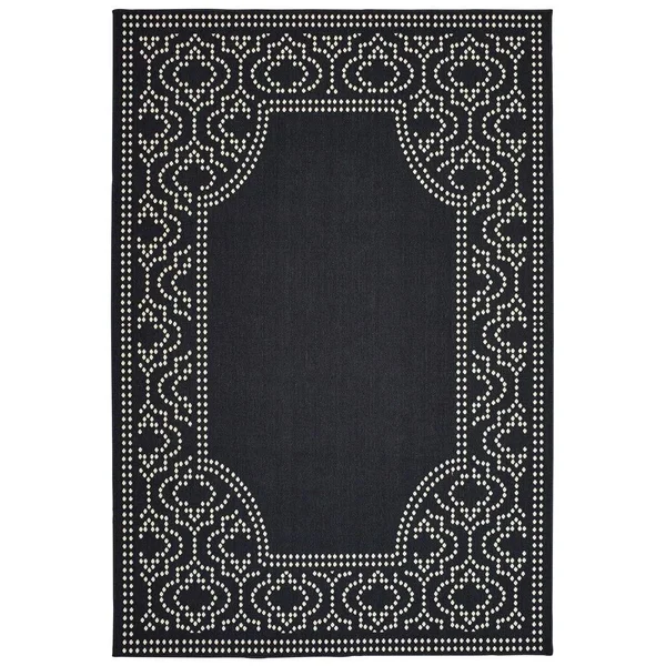 Style Haven Updated Border Black/ Ivory Loop Pile Indoor-Outdoor Area Rug - 7&10 inch Round