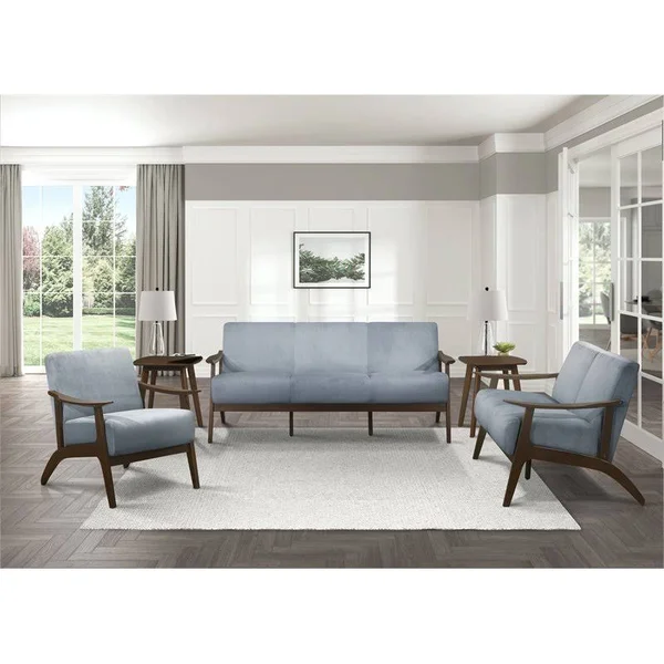 Pemberly Row Velvet Upholstered Loveseat in Blue Gray and Dark Walnut