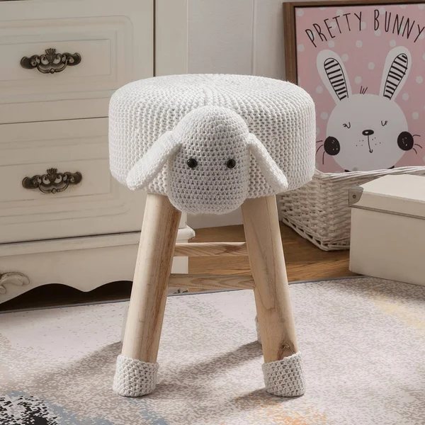Taylor & Olive Modern Woven White Sheep Ottoman Stool with Wooden Legs