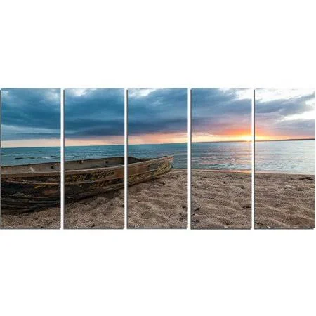 Design Art Rusty Row Boat on Sand at Sunset 5 Piece Photographic Print on Wrapped Canvas Set, Brown