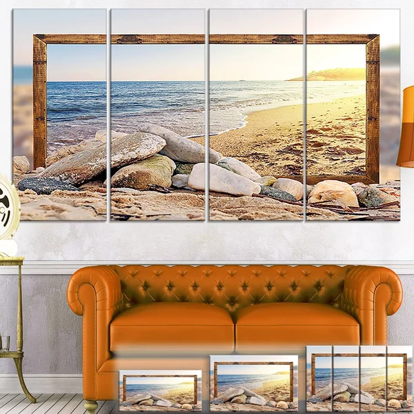 Design Art 'Framed Beach Rocks' Photographic Print on Wrapped Canvas, Size: 20 inch H x 40 inch W x 1 inch D, Blue