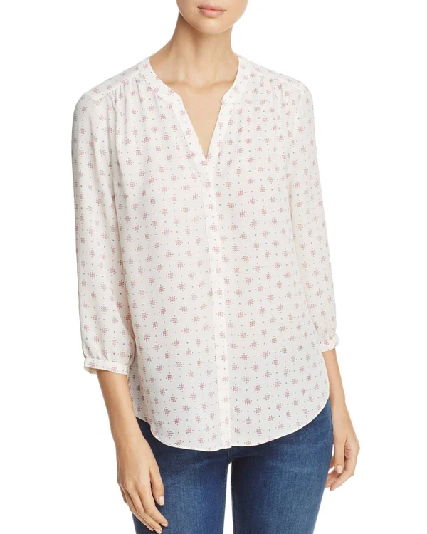 Nydj Westport Bouquet Print Split Round Neck 34 Sleeve Pintuck Blouse - M
